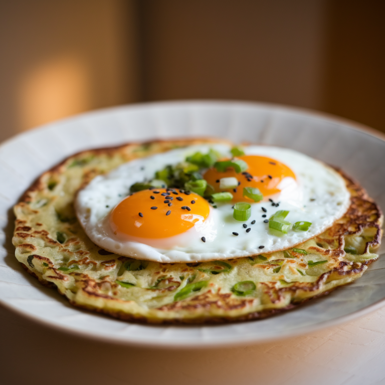 scallion pancake topped with eggs